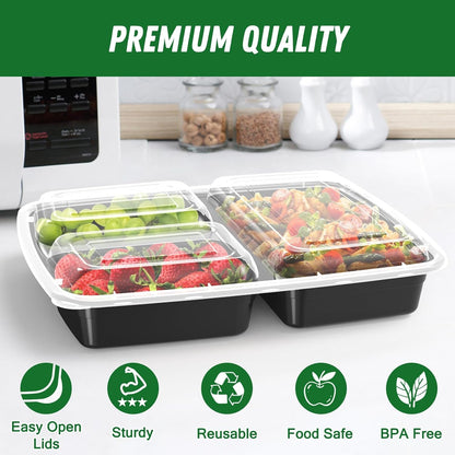 50 Pack 32 Oz Meal Prep Containers with Lids 3-Compartment, Black3