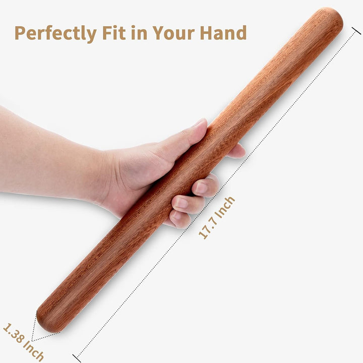 French Rolling Pin for Baking,17.7 Inches Wooden Dough Roller, Brown | Thickened Classic Kitchen Utensil, Great for Fondant, Pizza, Pie Crust, Cookie & Pastry Making for Home Baking Use+2