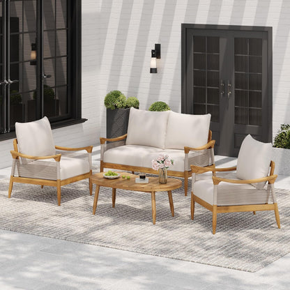 Havets 4 Piece Patio Conversation Sets, Outdoor Acacia Wood Patio Seating Group,Woven Rope Loveseat Chairs with Cushions and Coffee Table for Porch Backyard Balcony, Teak+Beige4