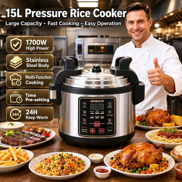 15L Stainless Steel Commercial Pressure Cooker | 24-Hour Presetting Electric Rice Cooker | 6 in 1 Slow Cooker with Temperature Control Food Warmer with Nonstick Pot2