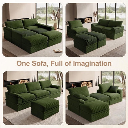 107" Boneless Couch with Storage, 48.6" Extra Deep-High Seat Modular Sectional Sofa with Ottoman, 3 Seater U Shaped Corduroy Cloud Couch, Tool-Free Assembly Sectional Couches for Living Room, Green7