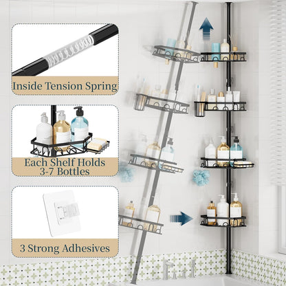 Shower Caddy Tension Pole - 4 Tier Corner Shower Shelves with Brush & Soap Holder, 304 Stainless Steel Rustproof Adjustable Organizer Rack for Bathtub, Bathroom, 27.6-108.3 Inch, Black5