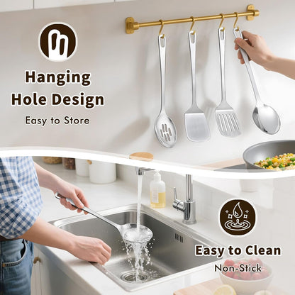 4 Pcs Cooking Utensils Set, Stainless Steel Kitchen Utensils, Heat Resistant Metal Kitchen Tools Include Solid & Slotted Turner Wok Spatula, Serving Spoon, Ergonomic Handle, Easy to Clean, Silver6