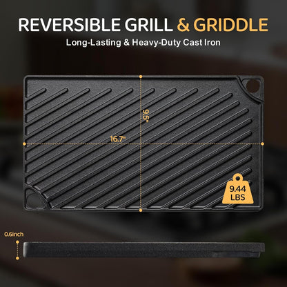Reversible Grill/Griddle, 16.7X9.5'' Pre-Seasoned Cast Iron Griddle Pan, Double Burner Cookware, Rectangular Stovetop Griddle with Handles, Flat Top Plate for Oven, Grill & Campfire2