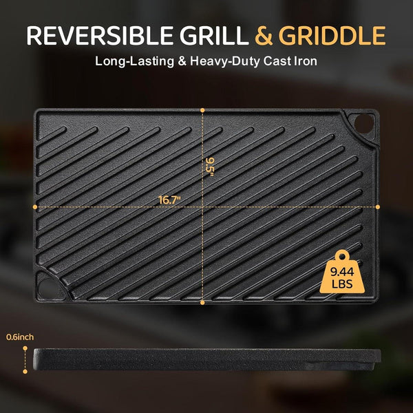 Reversible Grill/Griddle, 16.7X9.5'' Pre-Seasoned Cast Iron Griddle Pan, Double Burner Cookware, Rectangular Stovetop Griddle with Handles, Flat Top Plate for Oven, Grill & Campfire2
