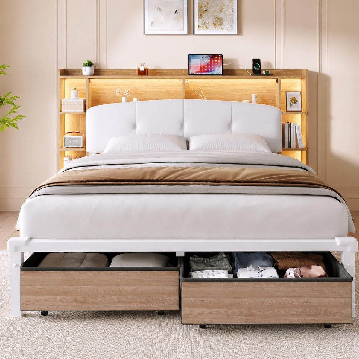 queen-size-bed-frame-with-storage-upholstered-headboard-2-fabric-drawers-charging-station-rgb-led-lights-metal-platform-bed-no-box-spring-needed-natural