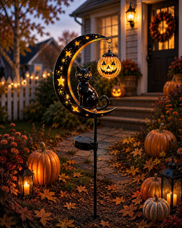 Solar Halloween Black Cat Pumpkin Moon Garden Stake Light1