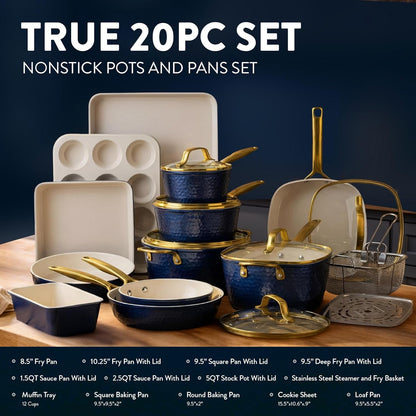 HAMMERED 20 Pc Pots and Pans Set Non Stick Ceramic Cookware | Deep Frying Pan & Bakeware Set Included, Heavy Duty 3.0MM Gauge, Non Toxic PFOA/PTFE Free, Induction, Oven & Dishwasher Safe2