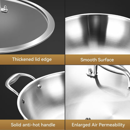 12-Inch Stainless Steel Wok with Lid | 5-Quart | Dual Handles | Uncoated Tri-Ply Stir Fry Pan | Everyday Cooking Wok for Induction | Flat Bottom | PFOA-FREE | 3-4 Servings ﻿5