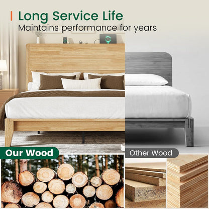 Queen Size Wood Platform Bed Frame with Mid-Century Modern Tall Headboard & Charging Station, Built-In Headboard Shelf, Solid Sustainable Bedframe, No Box Spring Needed, Easy Assembly, Natural6
