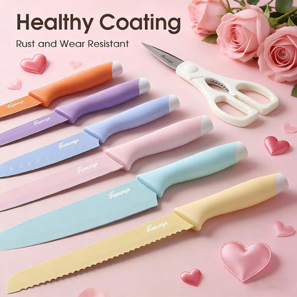 Knife Set, 13 PCS Colorful Kitchen Knives Set with 6 Blade Guards | Stainless Steel Blades, Ceramic Nonstick Coating, Rust-Resistant, Non-Slip, Dishwasher Safe, House Warming Gifts New Home2