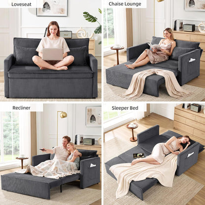 86” Extended Convertible Sofa Bed, Loveseat Sleep Sofa with USB Ports, Pull Out Couch with 6-Position Adjustable Backrest, Corduroy Couch Bed with Side Pockets for Living Room, Dark Grey5