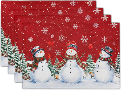 Christmas Snowman Placemats Set of 4, 12X18In Xmas Green Trees Red Birds Linen Place Mat, Winter Snowflakes Heat Resistant Washable Table Mats for Kitchen Dining Seasonal New Year Decor1