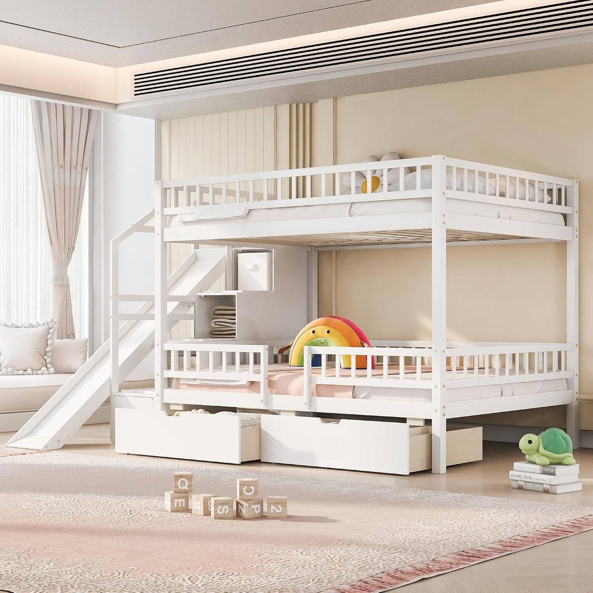 full-over-full-bunk-bed-with-storage-staircase-slide-and-2-drawers-wood-bunk-bed-frame-for-kids-solid-pine-wood-bed-with-guardrail-no-box-spring-needed-white