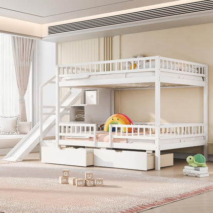 Full over Full Bunk Bed with Storage Staircase, Slide and 2 Drawers, Wood Bunk Bed Frame for Kids, Solid Pine Wood Bed with Guardrail, No Box Spring Needed, White3
