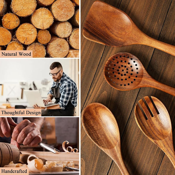 Wooden Kitchen Utensil Set with Holder & Spoon Rest, 10 Piece Premium Teak Wooden Spoons for Cooking, Smooth Wood Utensil Set with Spatulas, Spoons, Salad Fork, Skimmer, Soup Ladle & 8 Hooks6
