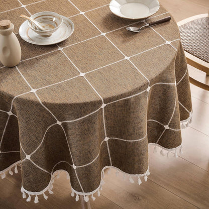 Boho round Grid Tablecloth with Tassels, Caramel 52In1