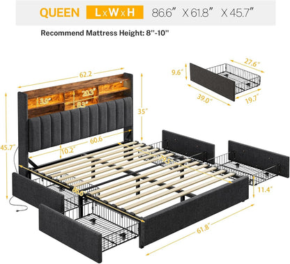Queen Bed Frame with Headboard and 4 Drawers Storage, Bed Frame Queen Size Built in LED Lights and Charging Station, Sturdy & Noise-Free Upholstered Platform Metal Support Bed, Dark Grey2
