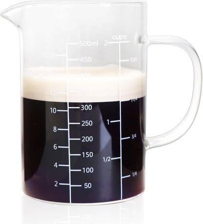 Glass Measuring Cup with Handle, 500 ML High Borosilicate Glass Three Scales (OZ, Cup, ML/CC) Easuring Beaker for Kitchen or Restaurant, V-Shaped Spout Glass Measuring Beaker, Easy to Read1