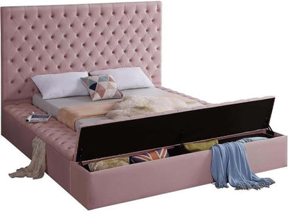 Meridian Furniture Bliss Collection Modern | Contemporary Velvet Upholstered Bed with Deep Button Tufting and Storage Compartments in Rails and Footboard, Pink, Queen4