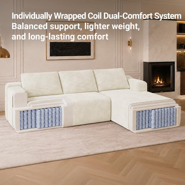 Modular Sectional Sofa, Boneless Couches for Living Room with Individually Wrapped Coil Support, No Assembly Required, Corduroy Fabric (Cream, 93" L-Shape Left Chaise)4