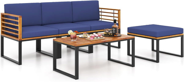 5 Pieces Patio Conversation Set, Acacia Wood Chair Set with Ottoman & Coffee Table, Comfy Seat & Back Cushions, Outdoor Wood Furniture Set for Backyard, Poolside, Garden1