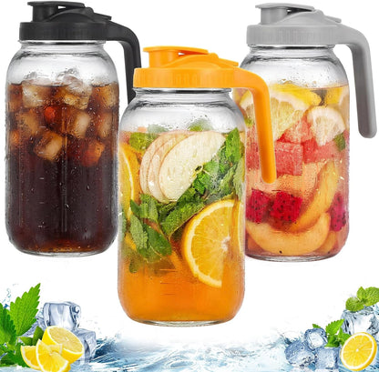 3 Pack Glass Pitchers with Lid, 64 Oz Sun Tea Pitcher, Half Gallon Mason Jar Pitcher with Wide Mouth Airtight Lid for Ice Tea, Cold Brew Coffee, Fridge Water, Milk, Juices, Leak Proof Water Jug1