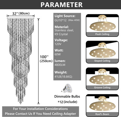 98'' Modern Crystal Chandelier High Ceiling Chandeliers for Entryway Large Raindrop Chandeliers LED Dimmable Flush Mount Light Fixtures for Staircaes Foyer Hallway Living Room LED Bulbs Included Gold2