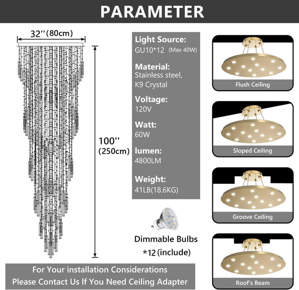 98'' Modern Crystal Chandelier High Ceiling Chandeliers for Entryway Large Raindrop Chandeliers LED Dimmable Flush Mount Light Fixtures for Staircaes Foyer Hallway Living Room LED Bulbs Included Gold2