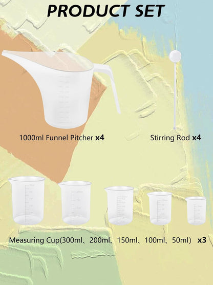 Funnel Pitcher Set - 4 Pack, 1000Ml Plastic Measuring Pitchers with Funnels, 4 Stirring Rods, and 15 Small Measuring Cups for Soap Making, Resin Casting, Baking, and DIY Crafts2
