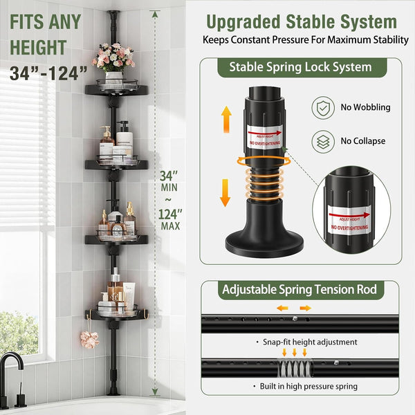 360° Rotating Corner Shower Caddy Tension Pole Organizer, Black2