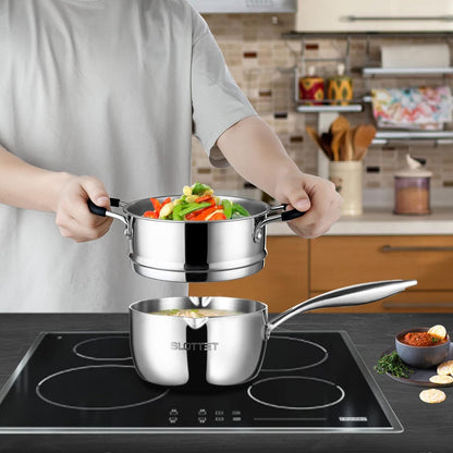 Tri-Ply Full Body Stainless Steel Sauce Pan with Steamer,1.5 Quart Small Multipurpose Pasta Pot with Strainer Glass Lid, Saucepan with Pour Spout for Cooking Stay-Cool Handle.2
