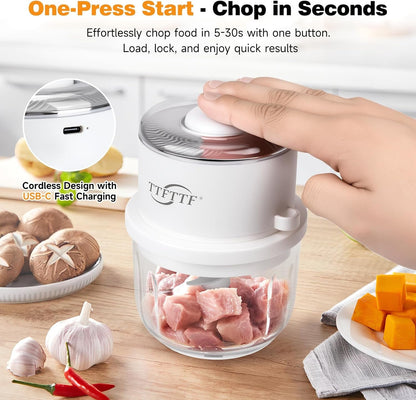 Electric Garlic Chopper, 350ML Glass Bowl Mini Food Processor, Portable Veggie Chopper Onion Garlic Grinder, Wireless Food Processor for Ginger, Chili, Fruit, Meat, Etc5