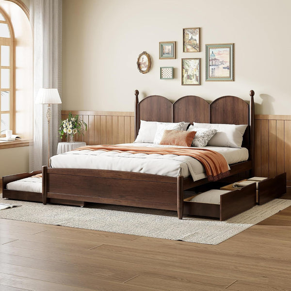 Queen Size Platform Bed with 2 Storage Drawers and Twin XL Size Trundle, Rustic Design Wooden Bed Frame, Walnut4