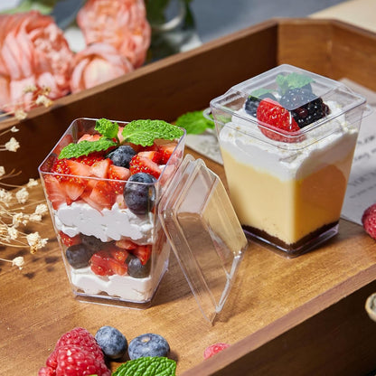 5 Oz Small Dessert Cups with Lids and Spoons, 150 Pcs Serves 50 | Mini Plastic Dessert Shooters Cups, Banana Pudding Cups, Jello Cups, Parfait Cups with Lids, Appetizer Cups for Parties5