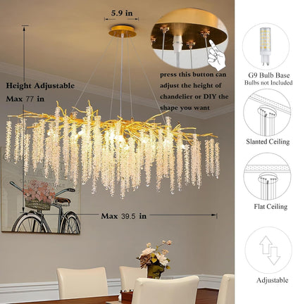 Tree Branches Chandeliers L39.5 Inch Gold Luxury Rectangular Crystal Raindrop Pendant Light 13 Lights Kitchen Island Hanging Light Fixture for Living Room Dining Room Foyer Entryway3