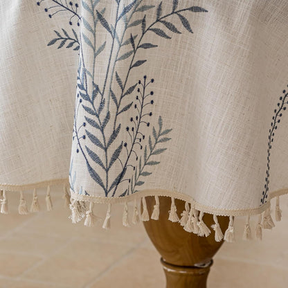 Rustic Waterproof Linen round Tablecloth, Heavy Weight Fern Embroidery Table Cloths for round Tables, Farmhouse Spill-Proof Table Covers with Tassels, Blue, 55 Inch6