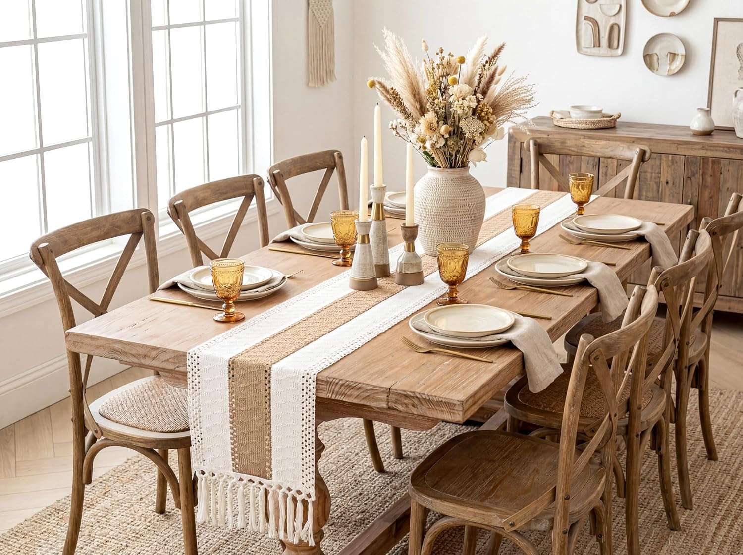 boho-table-runner-for-fall-home-decor-12x72-rustic-with-tassels-72-inches-long-farmhouse-kitchen-dining-room-macrame-burlap-coffee-table-decoration-dresser-runner-pottery-barn-furniture