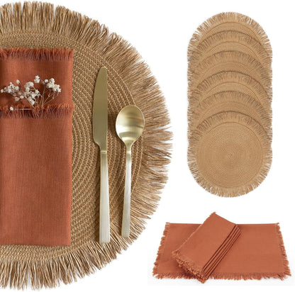 Decorative Boho Table Placemats Set of 6 with Matching Linen-Textured Napkins - Beautiful Natural Decor Elevates Your Dining Room or Kitchen Setting - Easy to Style & Mix with Linen Inspired Material1