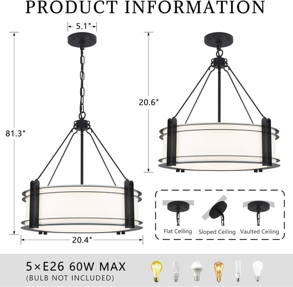 20.4'' Black Drum Chandelier with White Linen Fabric Shade4
