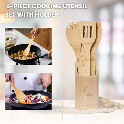 6 Piece Kitchen Utensils Set - Bamboo Cooking Utensils with Comfort Grip, Including Utensil Holder, Bamboo Spoons, Shovels & Spatulas | Wooden Utensil Set for Non-Stick Pans, Kitchen Essentials2
