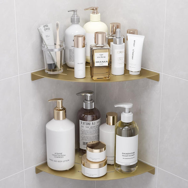 2 Pack Corner Shower Shelves Load Capacity 40 Lbs 304 Stainless Steel Shower Corner Shelf Will Not Rust 8In Shower Shelf for inside Shower Brushed Gold Drilling Installation2