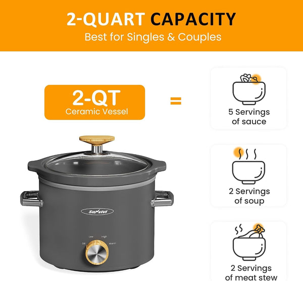 2 Quart Slow Cooker, Small Slow Cooker with Removable Ceramic Pot, Slow Cookers Food Warmer with 3 Heating Settings & Dishwasher Safe Glass Lid, Grey3