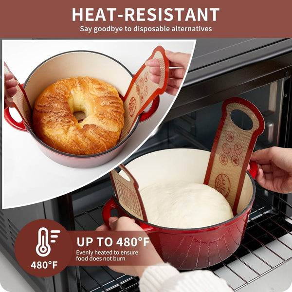 Silicone Sourdough Bread Sling Mat - 2Set round Dough Baking Slings for Dutch Oven, Nonstick High Degree Kitchen Sourbread Making Loaf Pan Lifter Liner, Reusable Cooking Transfer Mats with Long Handle3
