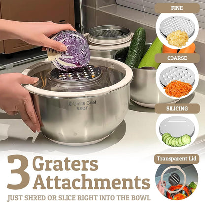 Mixing Bowles Set with Lids Set - Warp-Proof TPR-AS Lids, Stainless Steel Mixing Bowl with 3 Graters & Measuring Lines, Non-Slip Bowls for Baking, Prep, Airtight Food Storage (Khaki 5/3/2/1.5/0.63QT)2