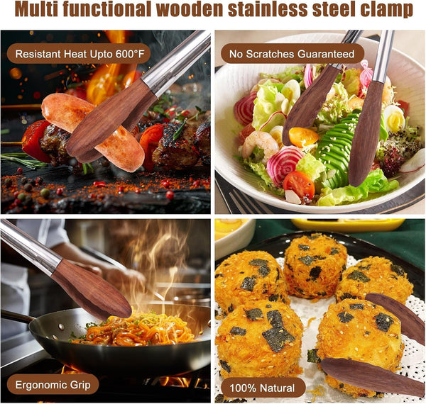 2-Pcstongs for Cooking with Wooden Tips - Nonstick Cooking Tongs & Salad Tongs for Blooming Food，Cooking, BBQ and Tossing Salad - Made of Natural Walnut Wood，Long Style15Inch Short Style 11.4Inch5
