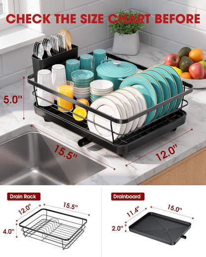 Dish Drying Rack - Stainless Steel Dish Rack with Drainboard for Kitchen Counter and Sink, 15.6" D X 12" W X 5" H, Black5