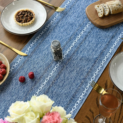 Blue Rustic Cotton Linen Table Runner, Seasonal Embroidered Hollow Kitchen Dining Table Decoration for Home Party Decor 13X72 Inch4