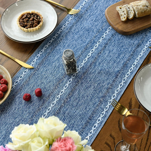 Blue Rustic Cotton Linen Table Runner, Seasonal Embroidered Hollow Kitchen Dining Table Decoration for Home Party Decor 13X72 Inch4