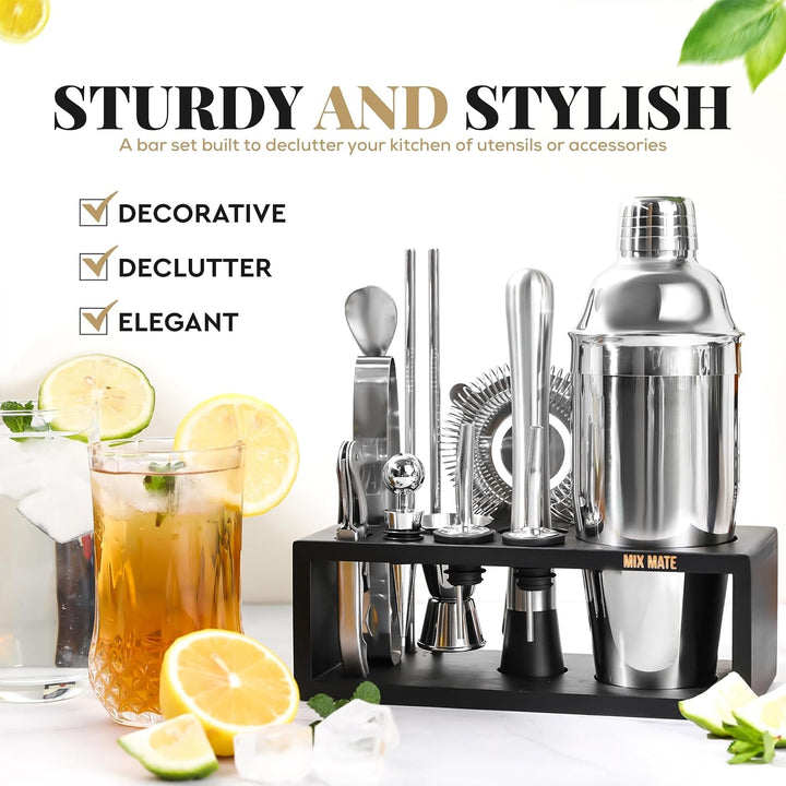 Mixology Bartender Kit with Stand - 15 Piece Bar Tool Set, Silver Bar Set Cocktail Shaker Set for Drink Mixing - Includes Martini Shaker, Jigger, Strainer, Bar Mixer Spoon, Tongs, Opener | Gift Idea+2